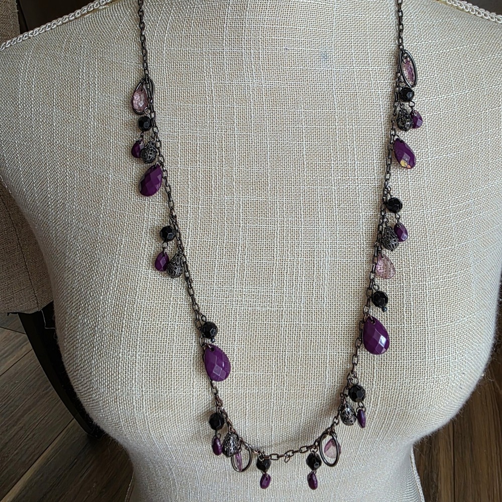 Purple Gemstone Beaded Chain Necklace Dangle Charm Long Boho Statement